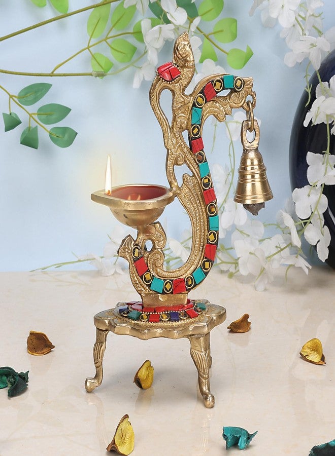 ARTVARKO مصباح زيتي عتيق الطراز من النحاس الأصفر، مزين بأحجار كريمة، على شكل طاووس وجرس، من Artvarko، بلمسة نهائية عتيقة، مناسب لتزيين المنزل، مصنوع من النحاس الأصفر النقي 100%، مناسب للمكتب والمنزل والمعبد، بطول 8 بوصات. - Image 1